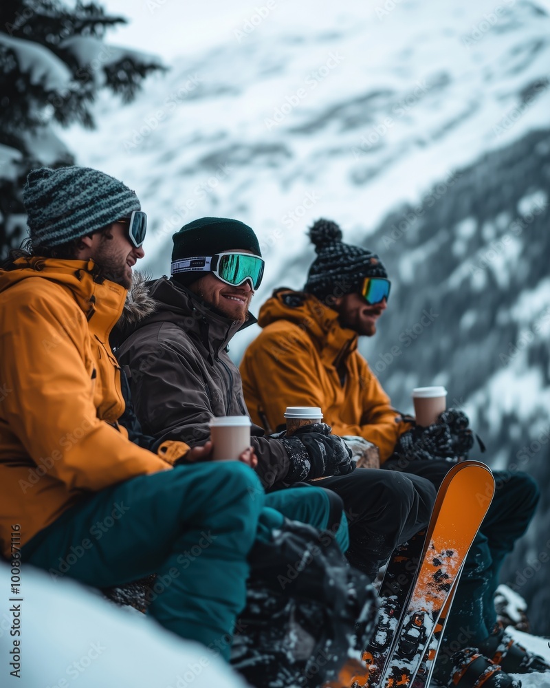 A group of friends sitting on a snowy mountain, enjoying hot drinks after skiing. A group of friends sitting on a snowy mountain, enjoying hot drinks after skiing.