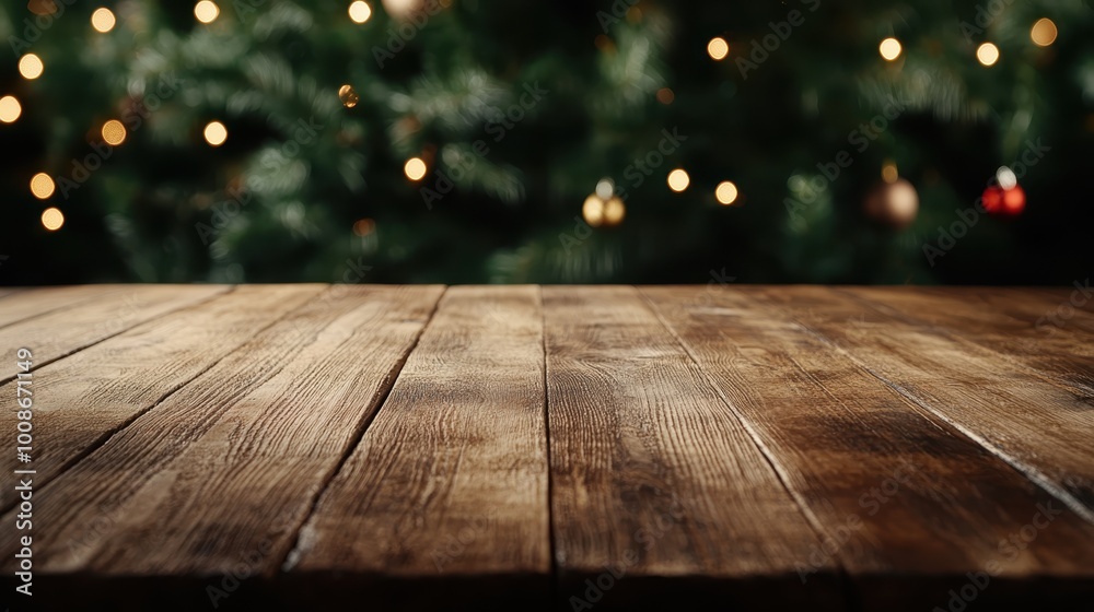 A rustic wooden table is foregrounded with glowing Christmas lights shaping subtle holiday ambiance, surrounded by green pine branches and decorations.