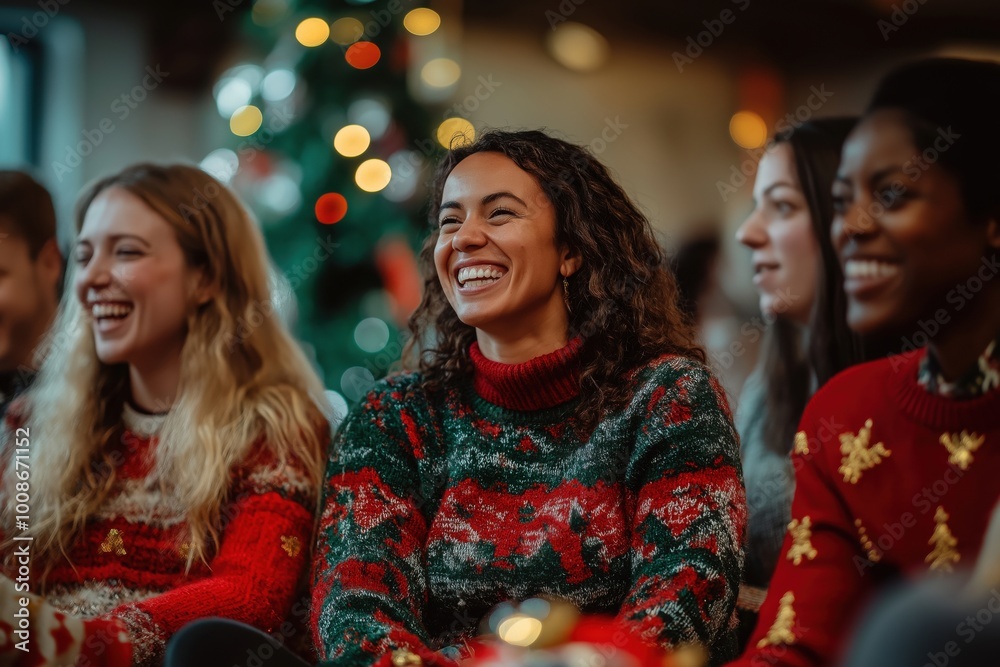 A group of friends in festive sweaters laughing together in a cozy setting.
