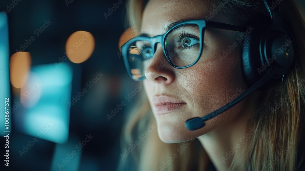 A woman deeply engaged in her work, wearing a headset, looking at a computer screen, representing focus and commitment in a professional atmosphere. A woman deeply engaged in her work, wearing a headset, looking at a computer screen, representing focus and commitment in a professional atmosphere.