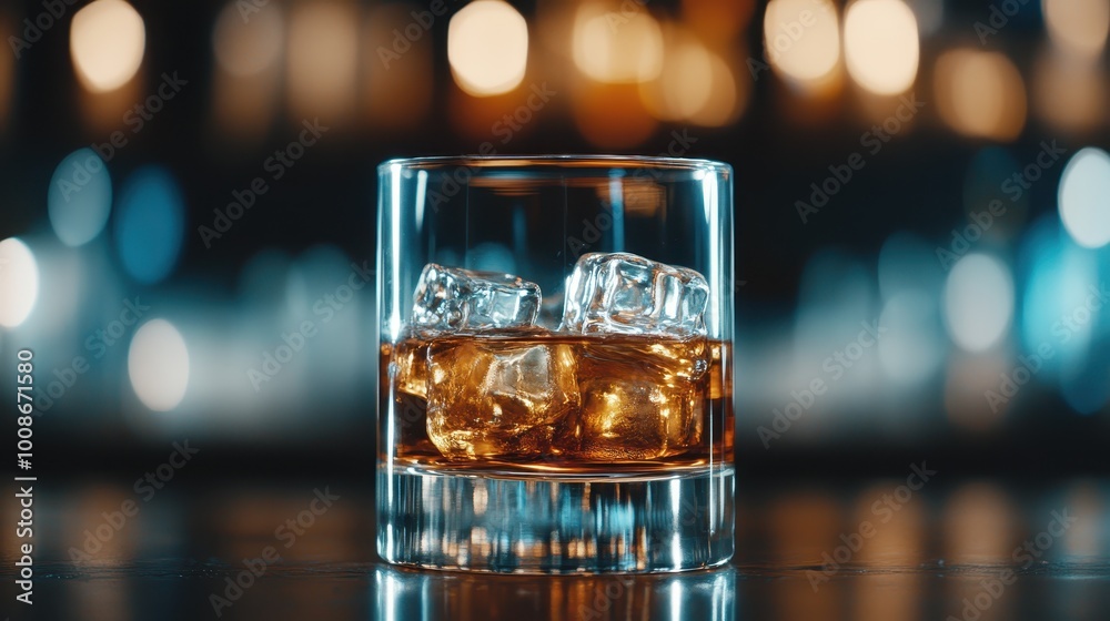 This elegant shot presents a glass of whiskey with clear, pristine ice cubes set against a softly blurred background of ambient lighting, exuding warmth and sophistication. This elegant shot presents a glass of whiskey with clear, pristine ice cubes set against a softly blurred background of ambient lighting, exuding warmth and sophistication.