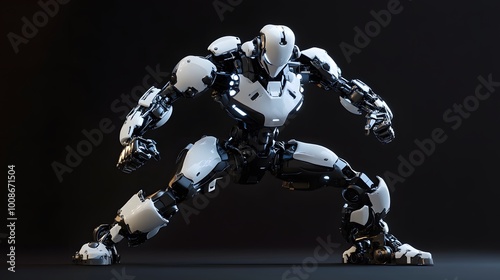 Mecha figure with sleek armor and complex robotic joints in action pose
