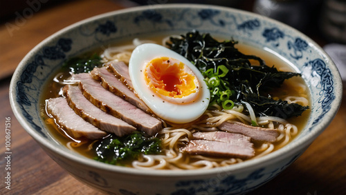 Hot bowl of ramen with sliced pork, seaweed, and a soft-boiled egg, with steam swirling above the broth.