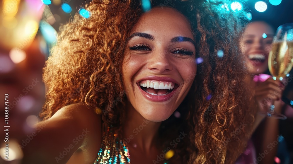 A cheerful woman with curly hair captures a selfie during a vibrant celebration, promoting self-expression, happiness, and the lively spirit of the occasion. A cheerful woman with curly hair captures a selfie during a vibrant celebration, promoting self-expression, happiness, and the lively spirit of the occasion.