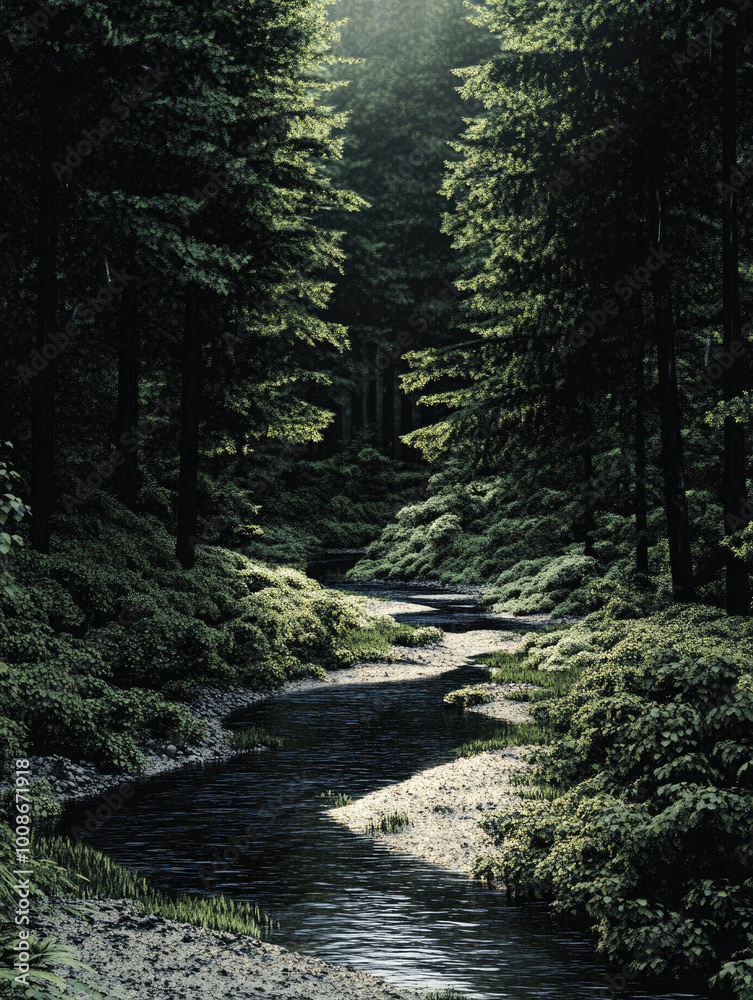 A Calm River Meandering Through a Dense Forest, Emphasizing the Peace and Solitude of Nature�fs Heart A Calm River Meandering Through a Dense Forest, Emphasizing the Peace and Solitude of Nature�fs Heart