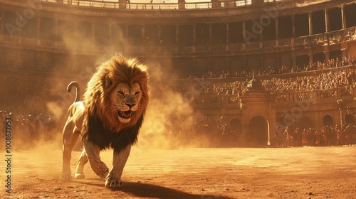 Majestic lion walking confidently in an ancient arena, surrounded by dust and an audience, symbolizing strength and power. photo