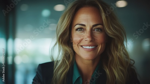 A confident woman with long hair smiles genuinely in a bright modern office setting, radiating positive energy and a sense of enthusiasm for her work. photo