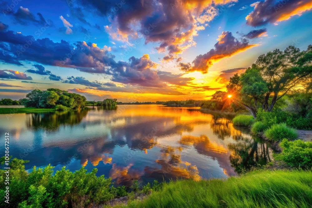 Serene Lake Worth in Texas at Sunset with Reflections and Lush Green Surroundings Captured in Beauty Serene Lake Worth in Texas at Sunset with Reflections and Lush Green Surroundings Captured in Beauty