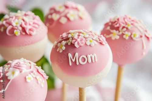 Cake pops with a word Mom written on pink icing and floral designs on a light background. Mother's day sweets concept.