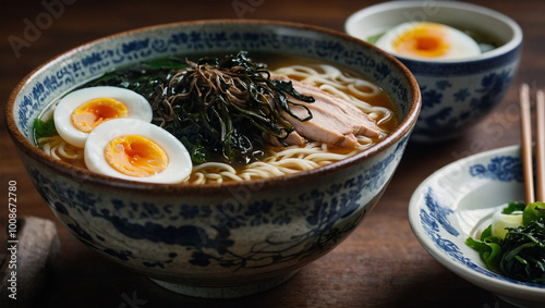 Hot bowl of ramen with sliced pork, seaweed, and a soft-boiled egg, with steam swirling above the broth.