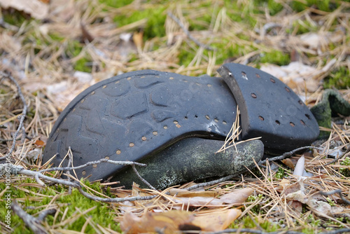 Old black torn shoe lies in the forest photo