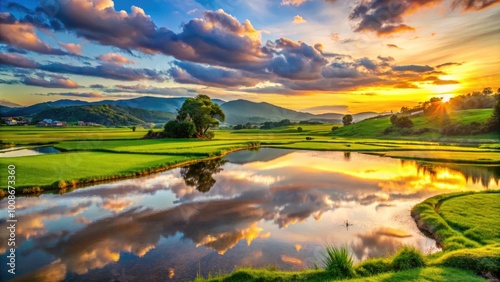 Serene Landscape of Vigo Dala with Lush Green Fields and Tranquil Water Reflections at Sunset