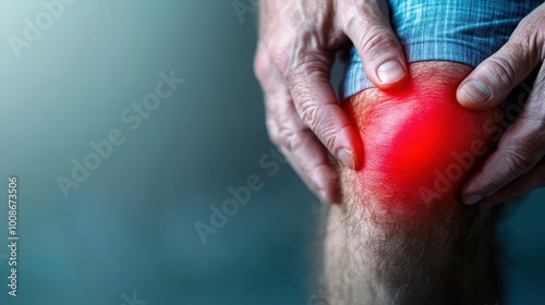 Close-up of hands clasping a knee with a red glow, indicating pain or inflammation, suggesting joint pain relief or medical treatment themes.