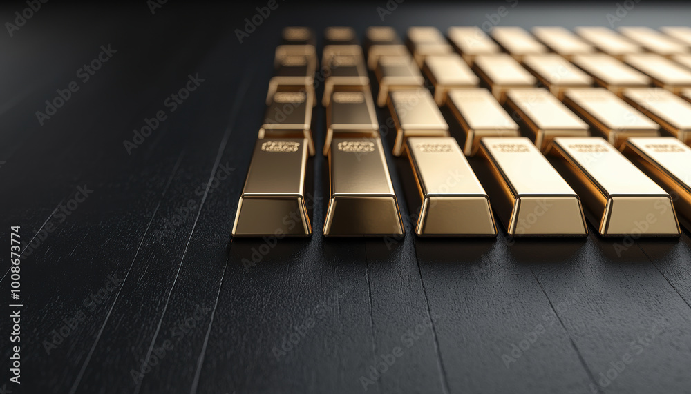 row of gleaming gold bars arranged neatly on dark wooden surface, showcasing their luxurious shine and weight. image conveys sense of wealth and stability row of gleaming gold bars arranged neatly on dark wooden surface, showcasing their luxurious shine and weight. image conveys sense of wealth and stability