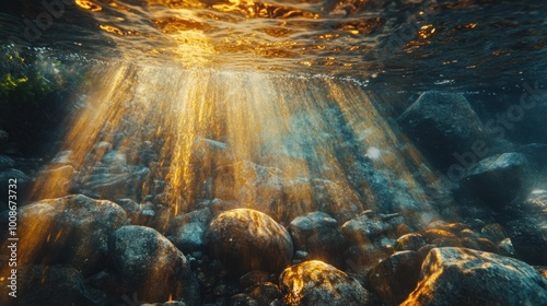 Golden Rays Illuminating Underwater Rocks photo