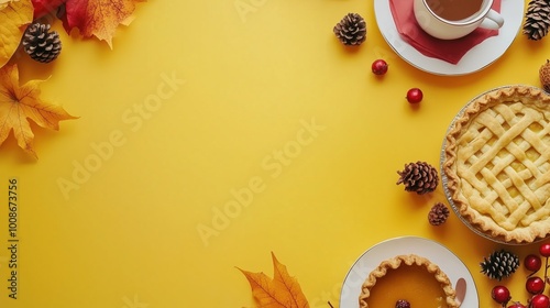 Fall background, pumpkin pie, maple leaves on yellow background, top view for Thanksgiving day. Blank central part for text. Autumn season wallpapaper, backdrop template photo