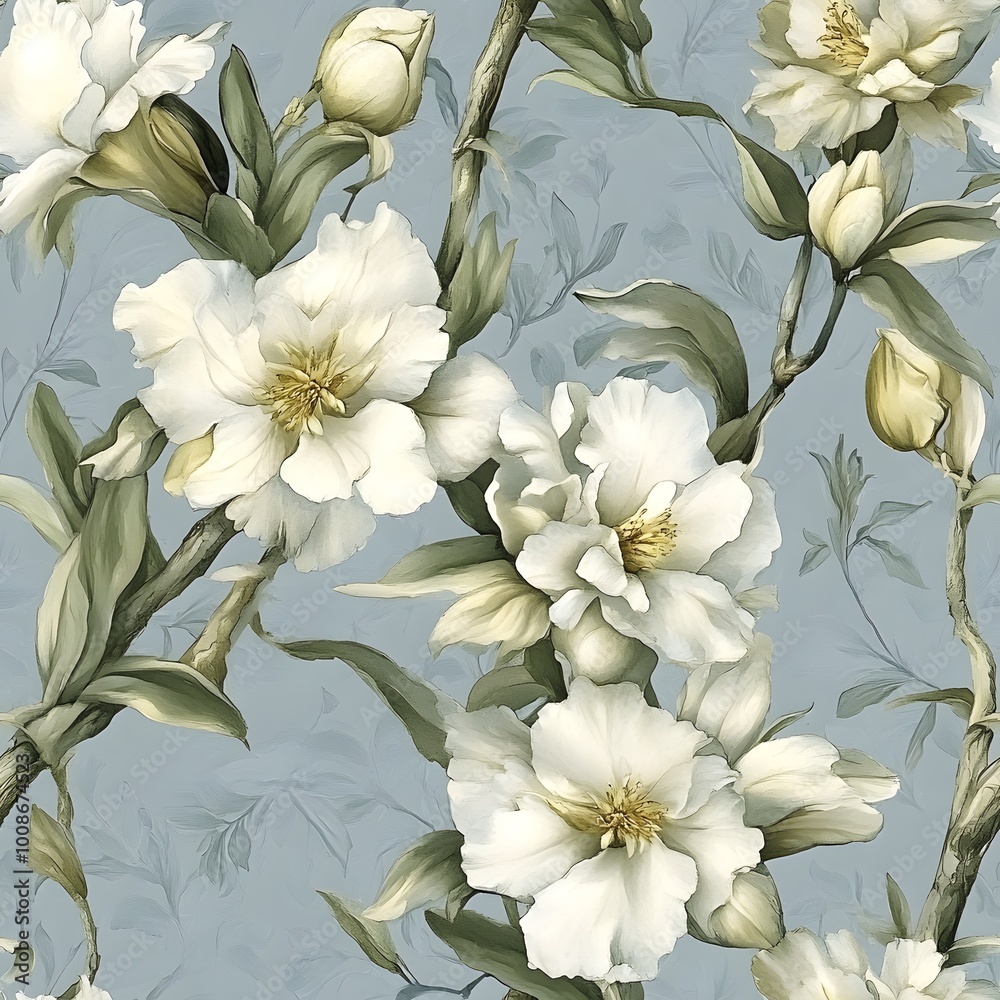 White Flowers on Green Branches with Blue Background White Flowers on Green Branches with Blue Background