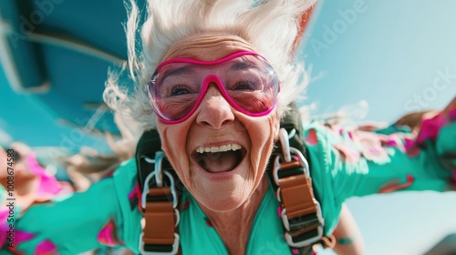 An elderly woman enthusiastically skydives, with a wide open smile, capturing her thrill and fearlessness against a bright blue sky filled with parachutes.