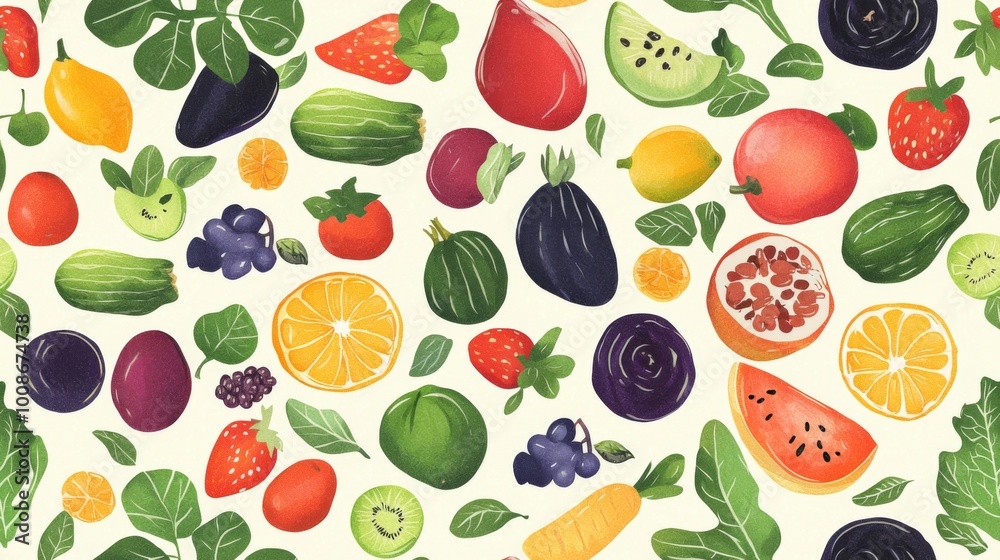 Colorful seamless pattern with various fruits and vegetables. Food texture background
