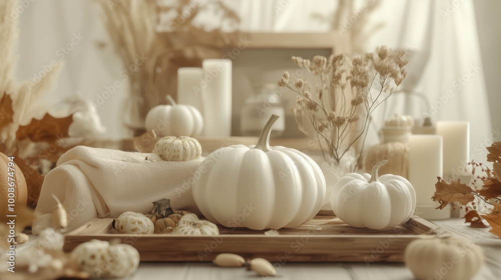 Autumn cozy background in white and beige colors. Holiday decoration with pumpkins, dried plants, wooden tray, burning candles. Fall rustic atmosphere, boho style. Halloween, Thanksgiving wallpaper Autumn cozy background in white and beige colors. Holiday decoration with pumpkins, dried plants, wooden tray, burning candles. Fall rustic atmosphere, boho style. Halloween, Thanksgiving wallpaper