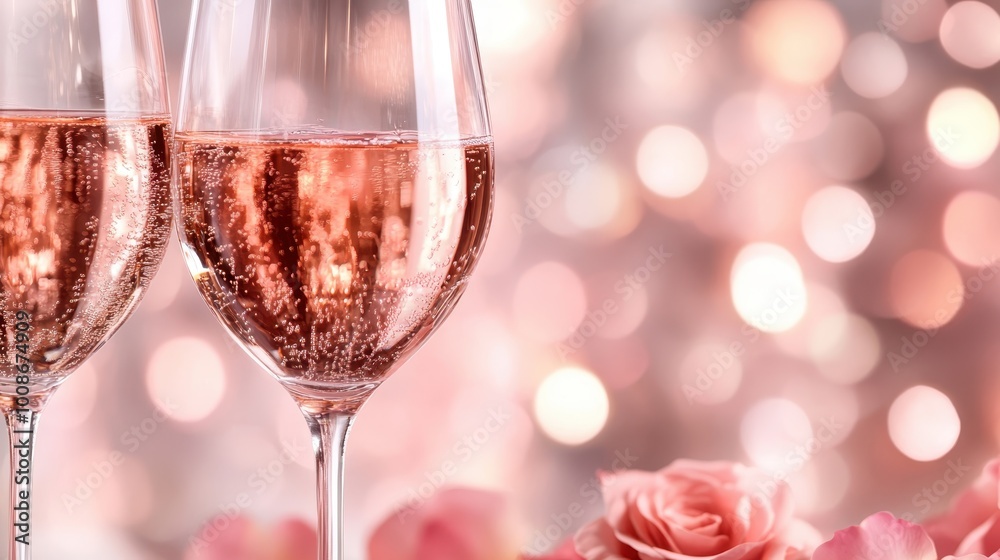 A beautiful scene capturing two glasses of sparkling rose wine with gentle bubbles, set against a soft pink background, evoking romance and celebration. A beautiful scene capturing two glasses of sparkling rose wine with gentle bubbles, set against a soft pink background, evoking romance and celebration.