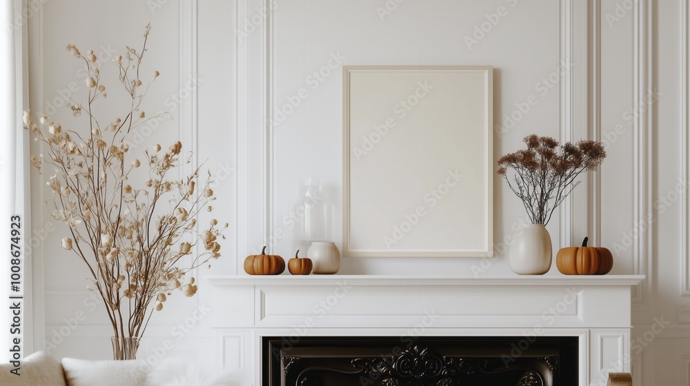 Thin wooden frame with white blank space mockup. Vertical poster border template. Light modern living room interior with fireplace. fall decoration. Poster on white wall mockup
Thin wooden frame with white blank space mockup. Vertical poster border template. Light modern living room interior with fireplace. fall decoration. Poster on white wall mockup