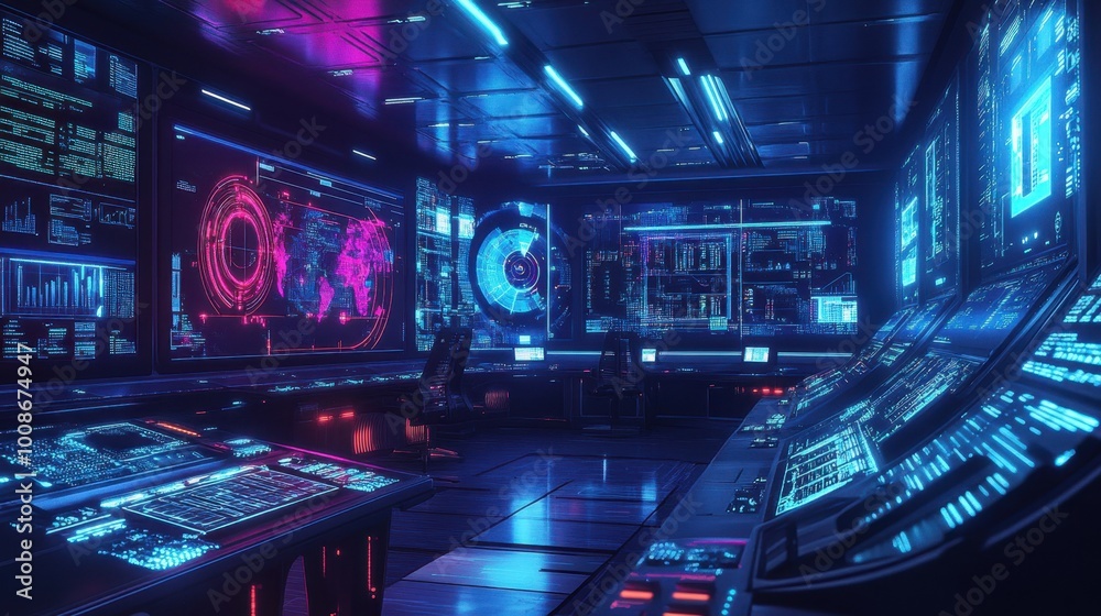 Futuristic Control Room with Neon Lights and High-Tech Displays Futuristic Control Room with Neon Lights and High-Tech Displays