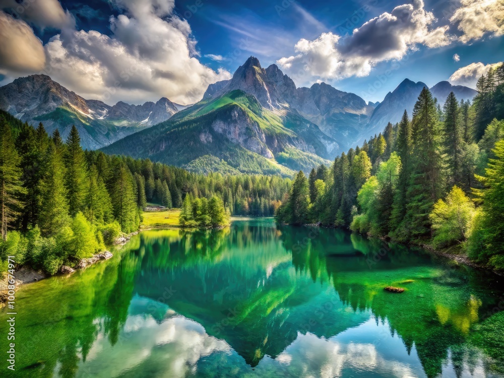 Serene Mountain Landscape with Lush Green Forests and a Tranquil Lake Under a Clear Blue Sky Serene Mountain Landscape with Lush Green Forests and a Tranquil Lake Under a Clear Blue Sky