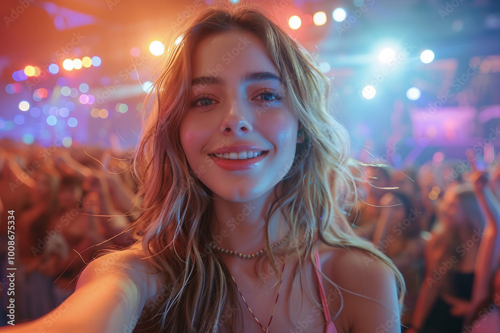 Attractive woman spending weekend at night club and taking selfie generative ai Attractive woman spending weekend at night club and taking selfie generative ai