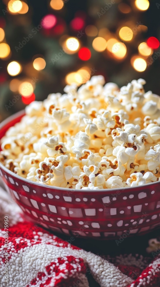 A bowl of popcorn sits on a cozy blanket, illuminated by soft, festive lights in the background. A bowl of popcorn sits on a cozy blanket, illuminated by soft, festive lights in the background.