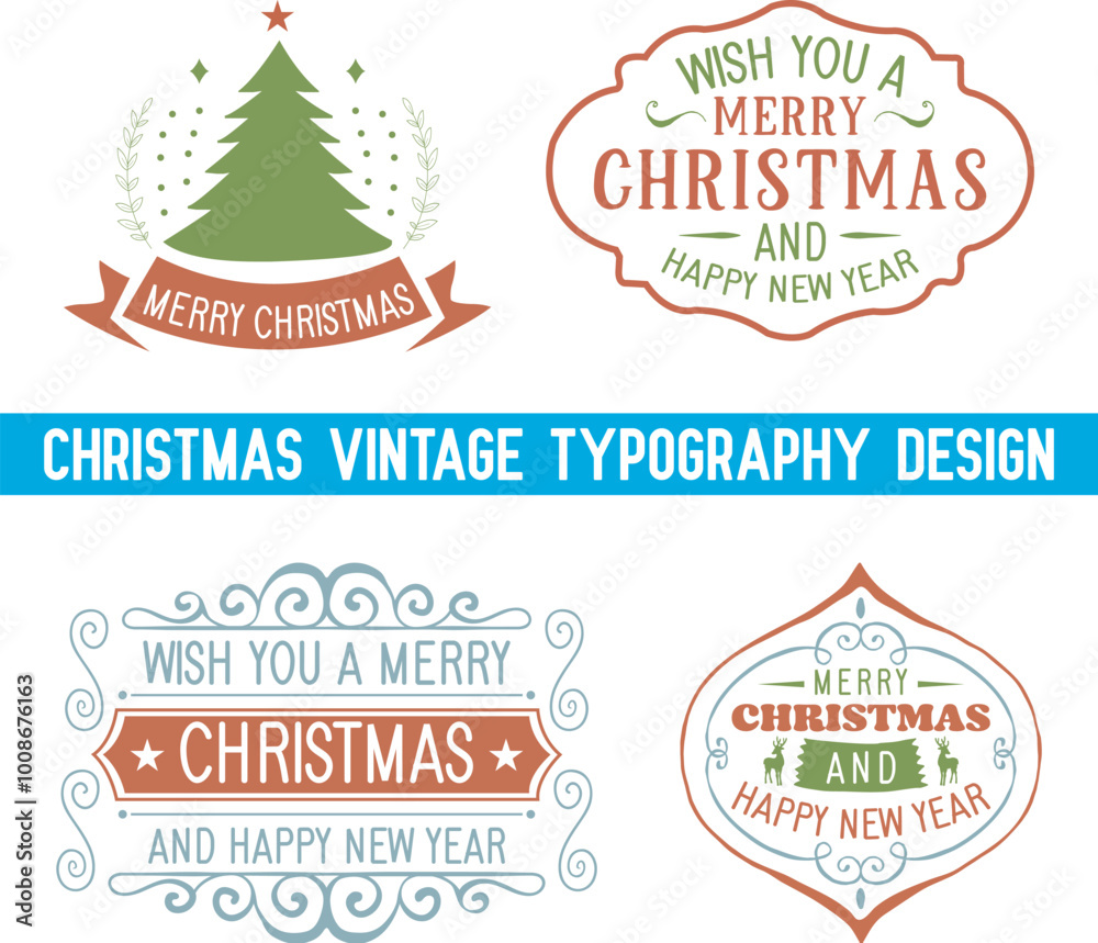 Fototapeta premium Christmas typography vintage Merry Christmas deer Peace love joy Christmas happy new year