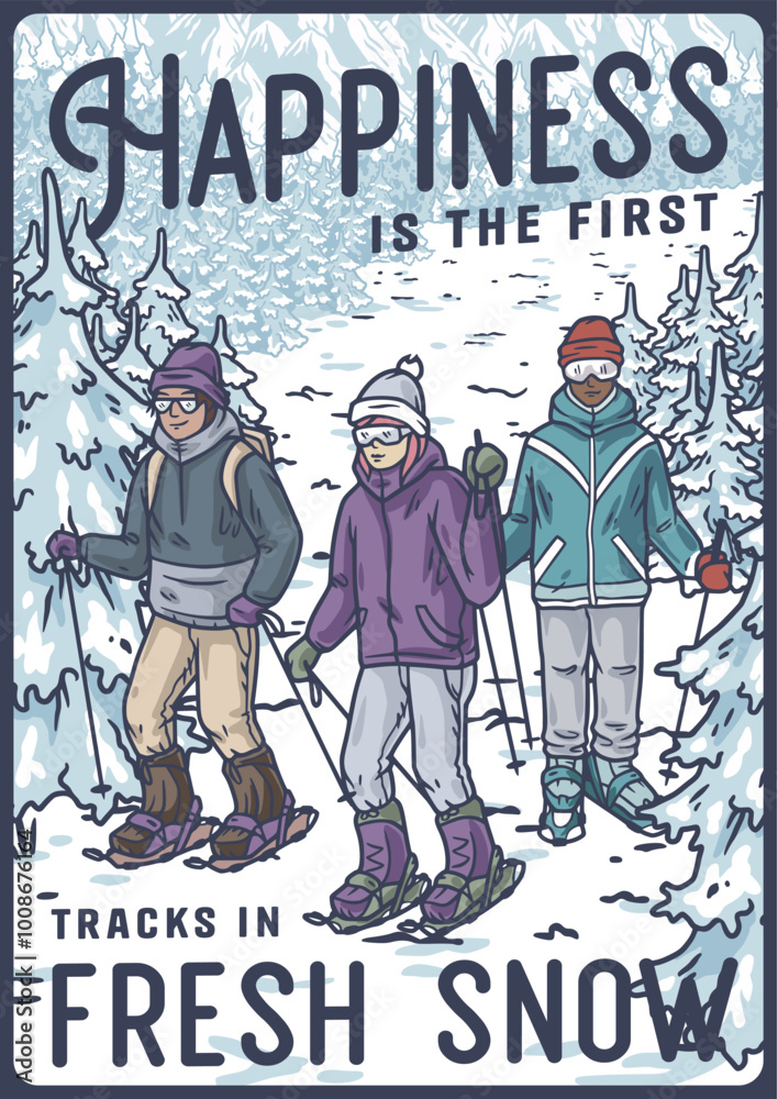 Obraz premium Friends snowshoeing in snowy mountains, enjoying outdoor adventure, bonding and creating memories in serene winter landscapes