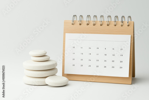 wooden calendar stands beside stack of smooth, white stones, symbolizing organization and tranquility. This serene setup is perfect for planning and mindfulness