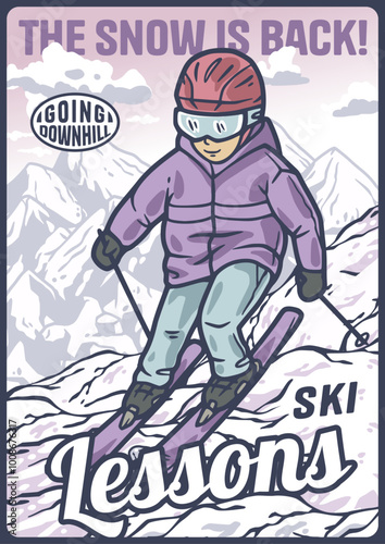 Skier is enjoying skiing downhill on a snowy mountain with a vintage look. This illustration is perfect for a poster or any winter sports design