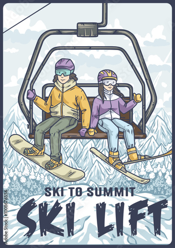 Excited couple rides ski lift up snowy mountain, ready for fun snowboarding and skiing adventure. Perfect winter vacation moment filled with outdoor recreation and snowy scenery