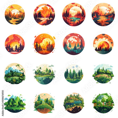 Set of vibrant circular landscape illustrations with forests and sunsets on Transparent Background