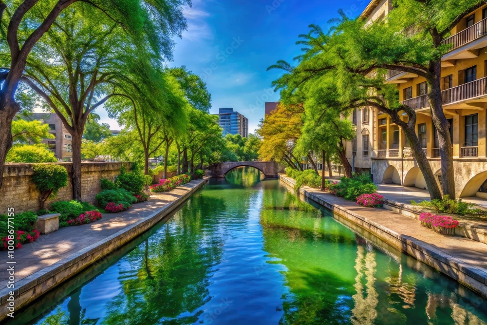 Serene San Antonio Riverwalk with Tranquil Waters and Lush Greenery Under a Clear Blue Sky