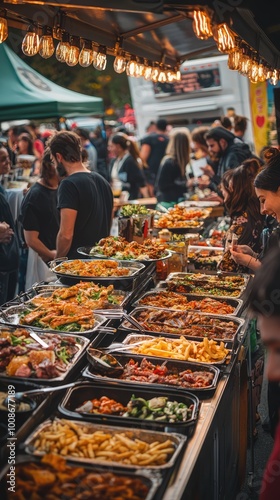 A vibrant food market scene showcasing a variety of delicious dishes and a lively crowd enjoying street food.