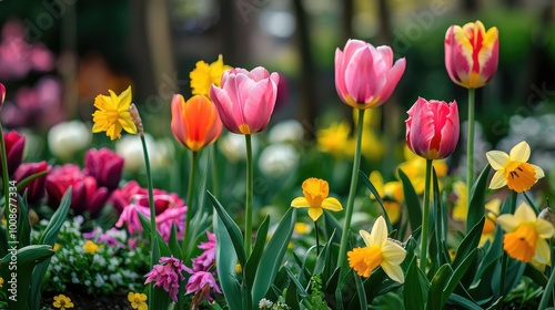 A vibrant garden filled with colorful tulips and daffodils, showcasing the beauty of spring blooms and lush greenery.