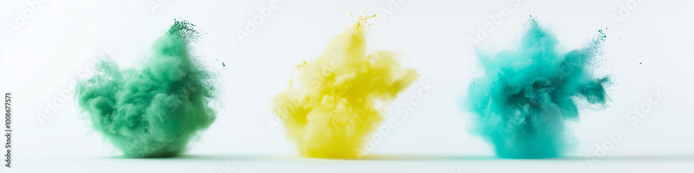 Naklejka premium Abstract isolated white background, explosion splashes of colored powder dust, texture, design, banner. AI generation.