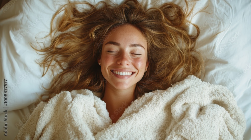 A cheerful woman with eyes closed is joyfully pictured wrapped in a soft blanket on a bed, enjoying a peaceful moment and radiating positive energy and warmth. A cheerful woman with eyes closed is joyfully pictured wrapped in a soft blanket on a bed, enjoying a peaceful moment and radiating positive energy and warmth.