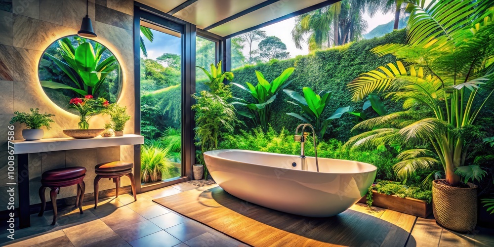 Fototapeta premium Serene Spa Bathroom with Elegant Bathtub, Lush Plants, and Natural Light for Relaxation and Comfort