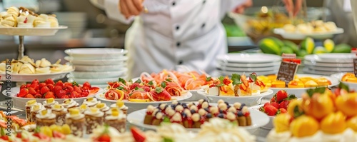 A vibrant display of various catering dishes including fresh vegetables, sushi, and garnished bites, beautifully arranged on black trays. photo