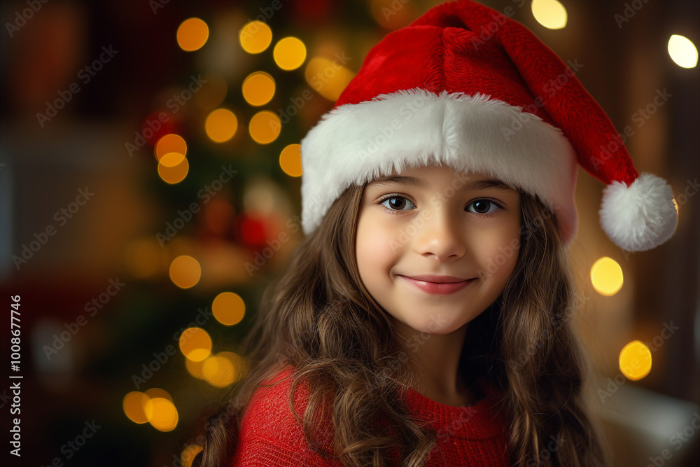 AI generated image of charming girl wear red santa claus hat christmas tree bokeh lights dark background AI generated image of charming girl wear red santa claus hat christmas tree bokeh lights dark background