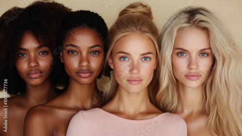 A diverse group of women stands closely together, highlighting various hairstyles, natural beauty, and a harmonious display of skin tones. Ideal for beauty and fashion themes.