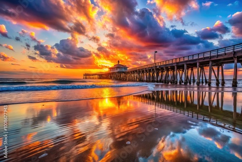Wallpaper Mural Serene Sunset at Newport Beach Pier with Vibrant Sky Reflections and Gentle Ocean Waves Lapping Shore Torontodigital.ca