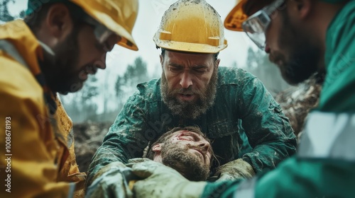 In a poignant scene, construction workers gather around an injured colleague, displaying compassion and urgency as they provide critical assistance on site. photo