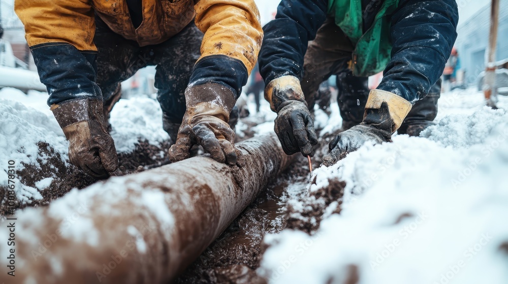 Two workers in winter clothing and gloves are repairing a large pipe in a snowy outdoor setting, demonstrating teamwork and dedication in adverse weather conditions.