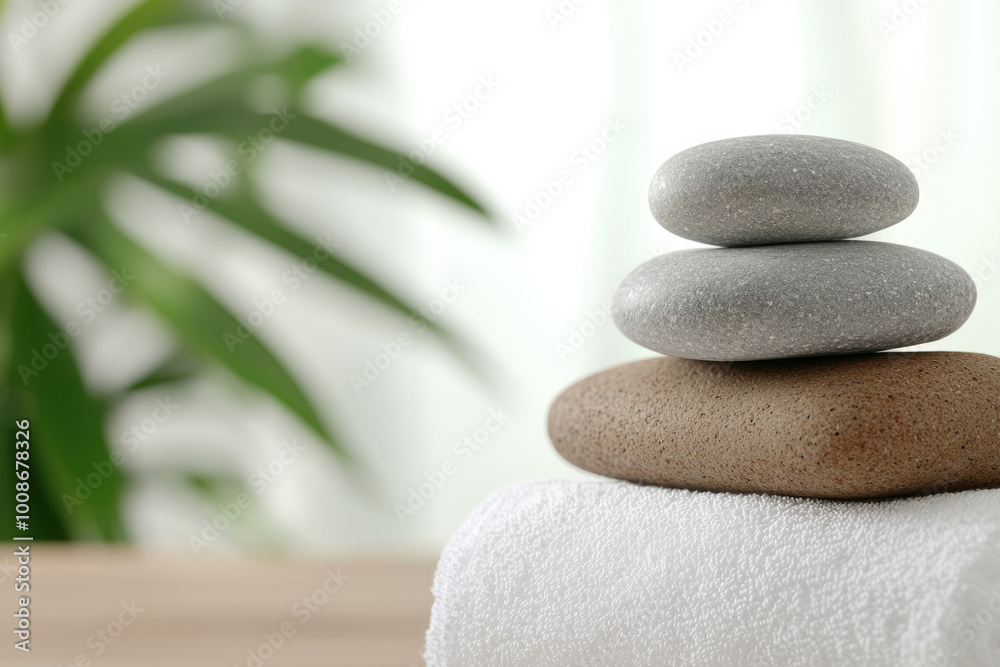 Relaxing spa setting with stacked stones on soft towel, surrounded by greenery, promoting tranquility and well being. Perfect for wellness and relaxation themes Relaxing spa setting with stacked stones on soft towel, surrounded by greenery, promoting tranquility and well being. Perfect for wellness and relaxation themes