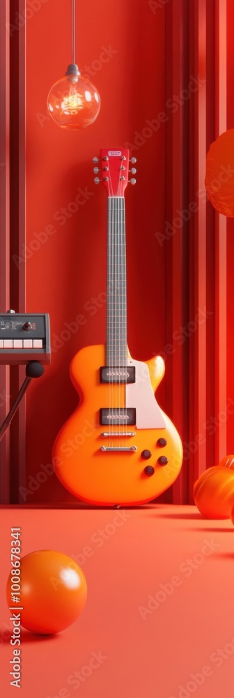 Fototapeta premium Vibrant Orange Electric Guitar in an Artistic Studio Setting